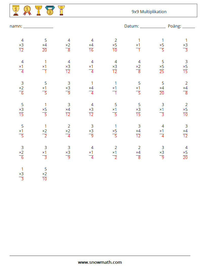 (50) 9x9 Multiplikation Matematiska arbetsblad 7 Fråga, svar