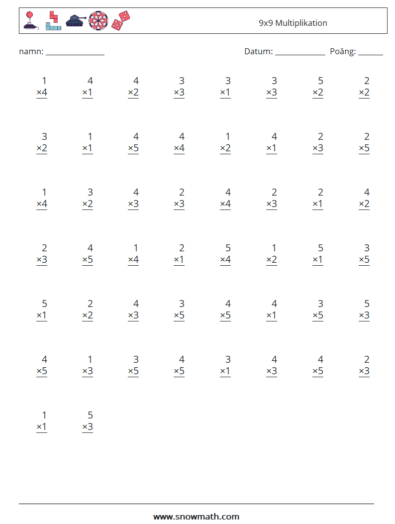 (50) 9x9 Multiplikation Matematiska arbetsblad 8