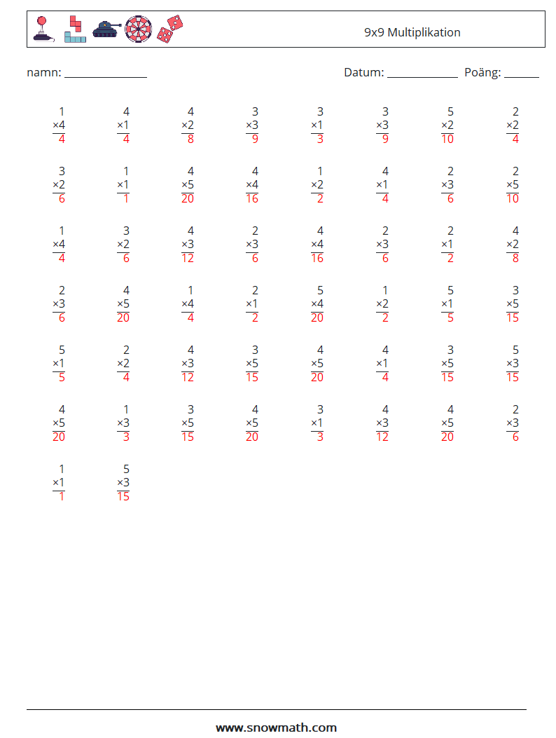 (50) 9x9 Multiplikation Matematiska arbetsblad 8 Fråga, svar