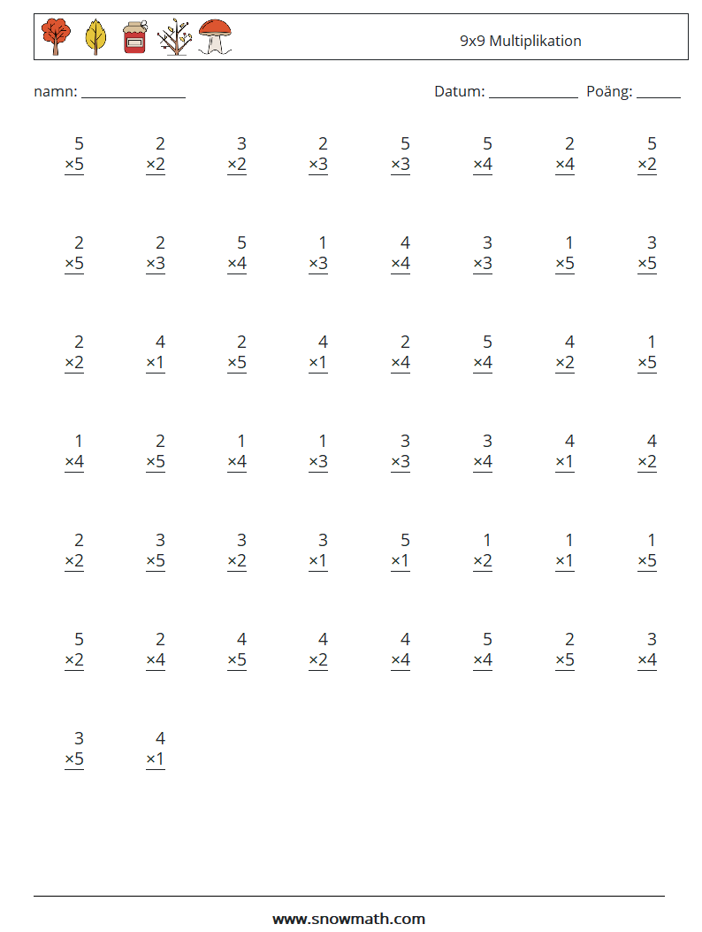 (50) 9x9 Multiplikation Matematiska arbetsblad 9