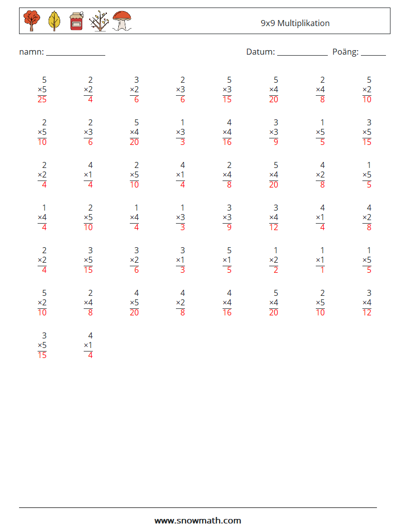 (50) 9x9 Multiplikation Matematiska arbetsblad 9 Fråga, svar