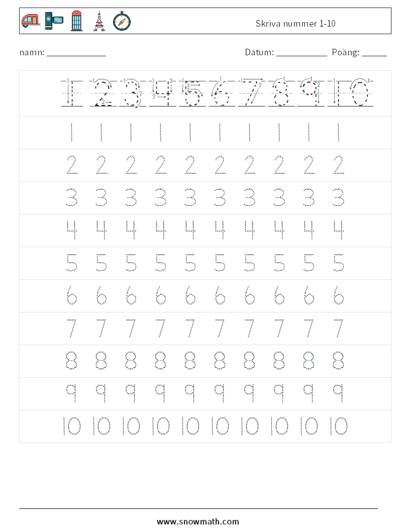 Skriva nummer 1-10 Matematiska arbetsblad 1