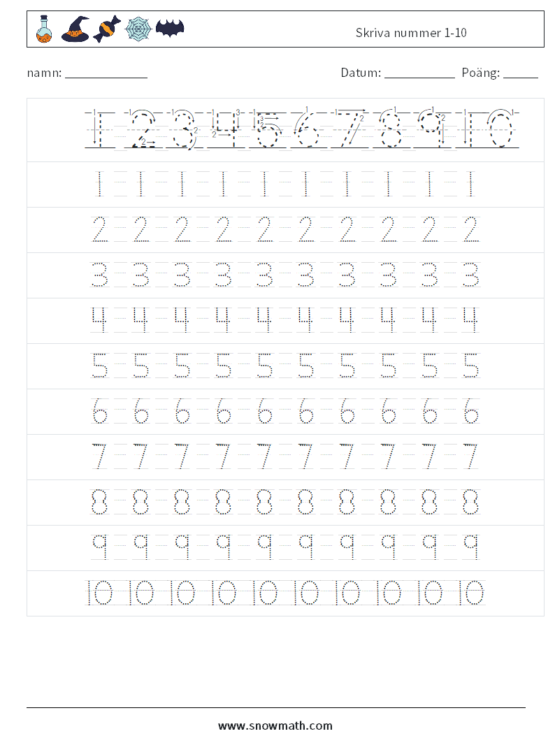 Skriva nummer 1-10 Matematiska arbetsblad 2