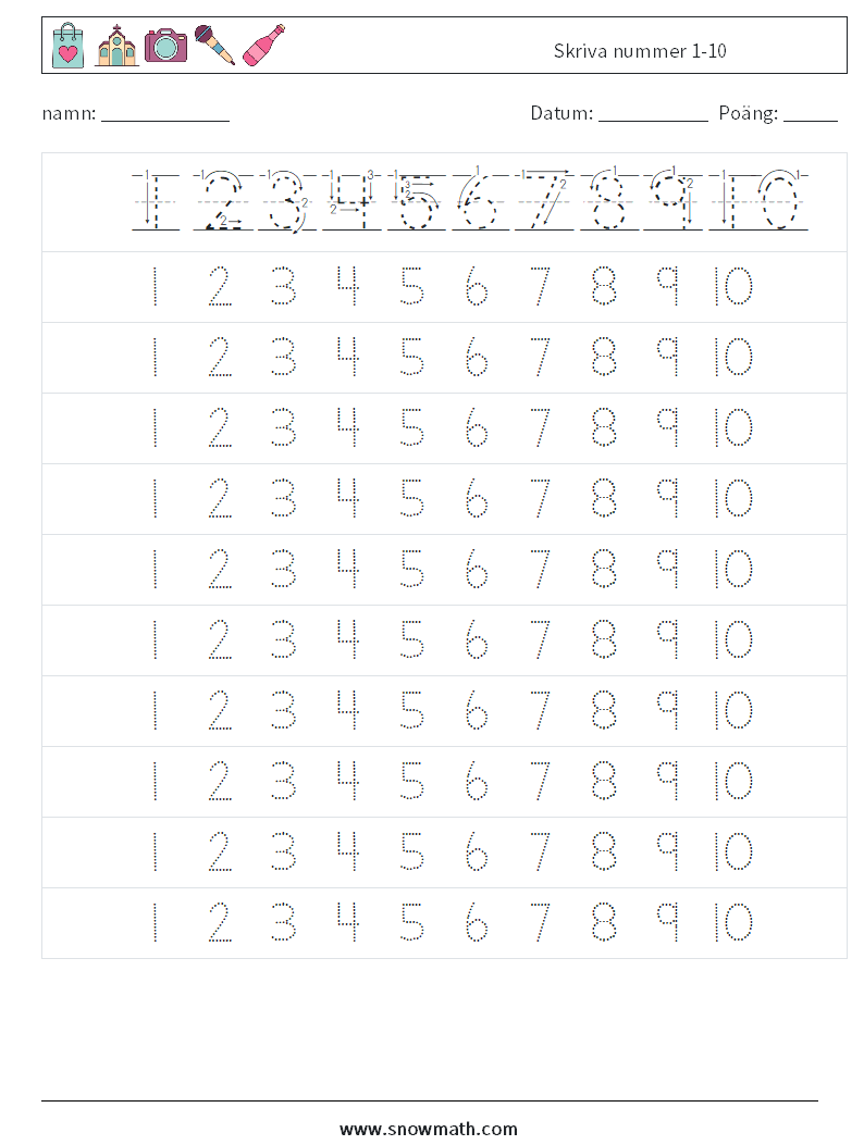 Skriva nummer 1-10 Matematiska arbetsblad 3