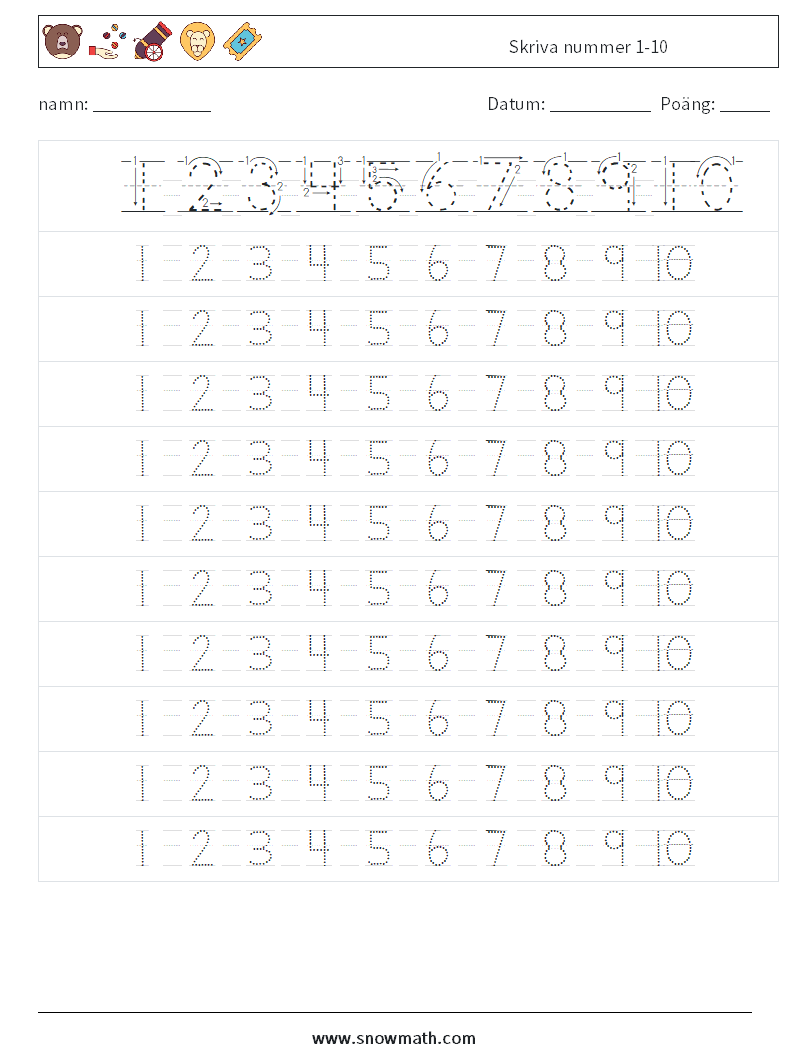 Skriva nummer 1-10 Matematiska arbetsblad 4