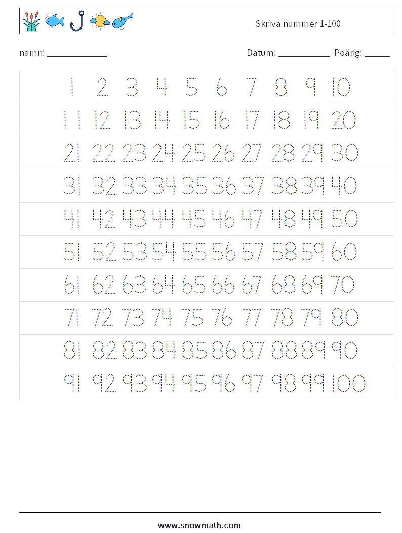 Skriva nummer 1-100 Matematiska arbetsblad 1