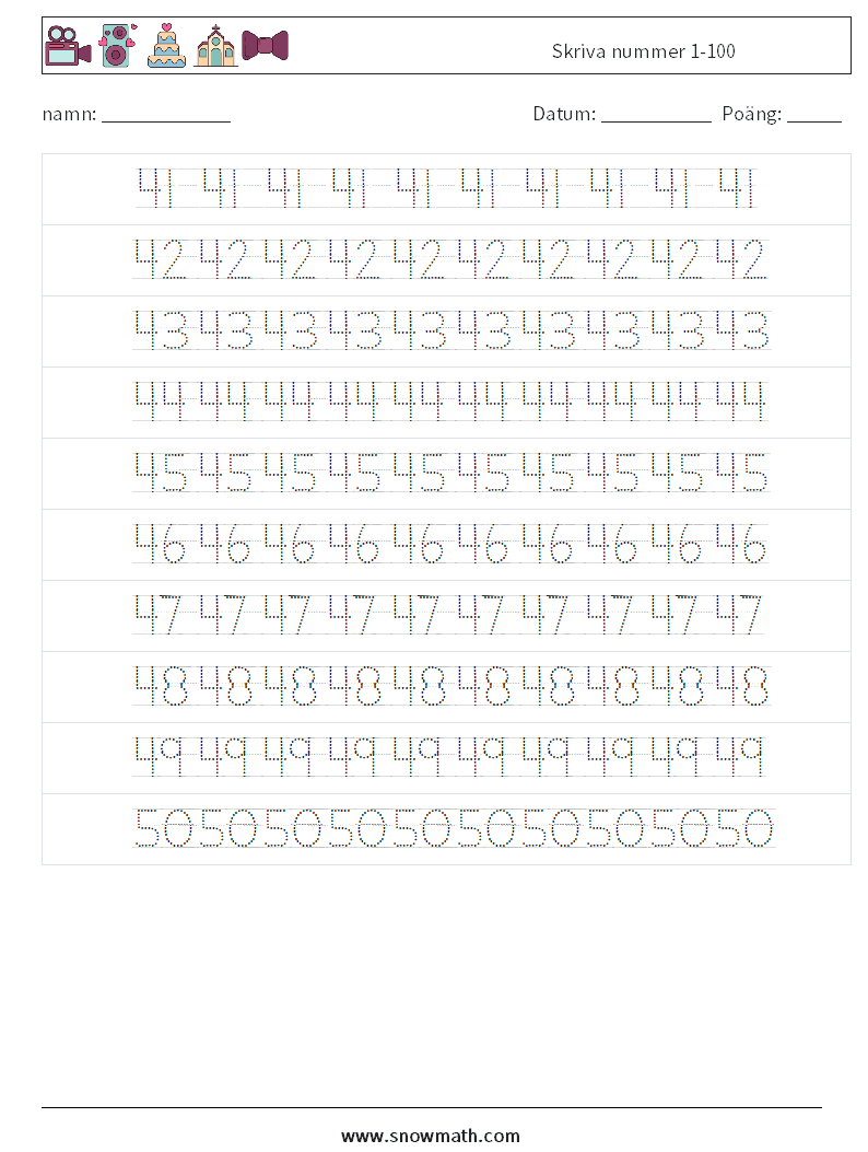 Skriva nummer 1-100 Matematiska arbetsblad 10