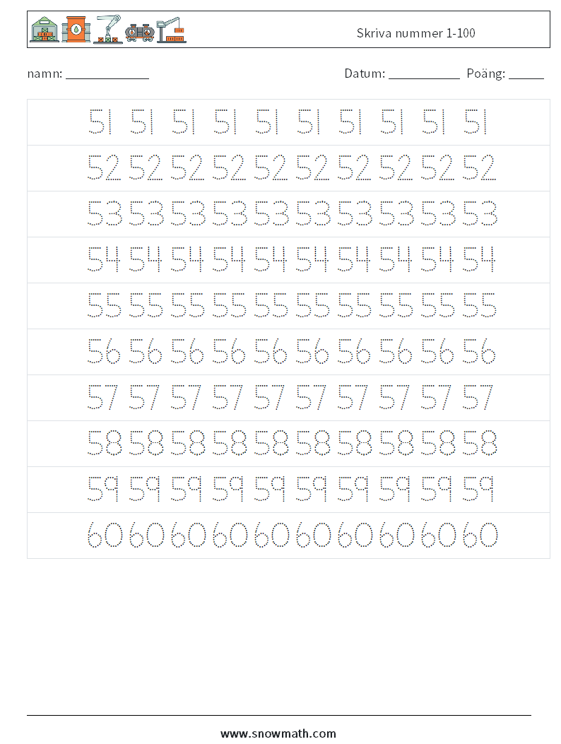 Skriva nummer 1-100 Matematiska arbetsblad 11