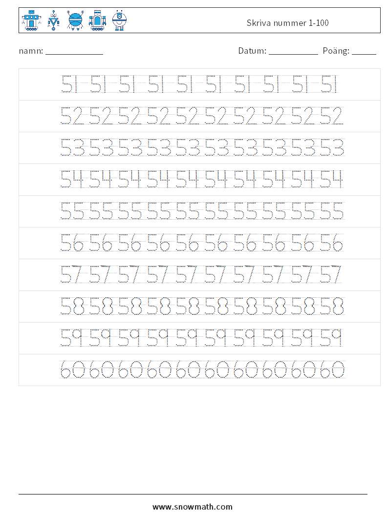 Skriva nummer 1-100 Matematiska arbetsblad 12