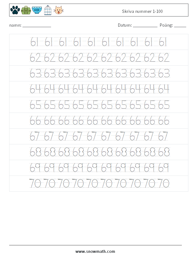 Skriva nummer 1-100 Matematiska arbetsblad 14