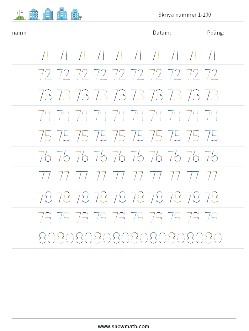 Skriva nummer 1-100 Matematiska arbetsblad 15