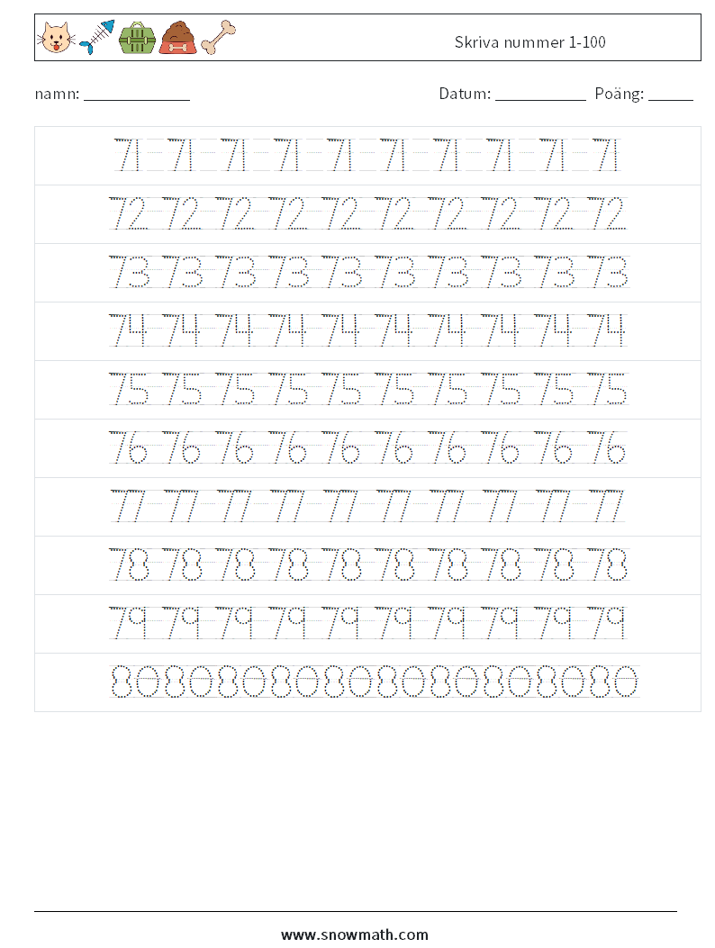 Skriva nummer 1-100 Matematiska arbetsblad 16