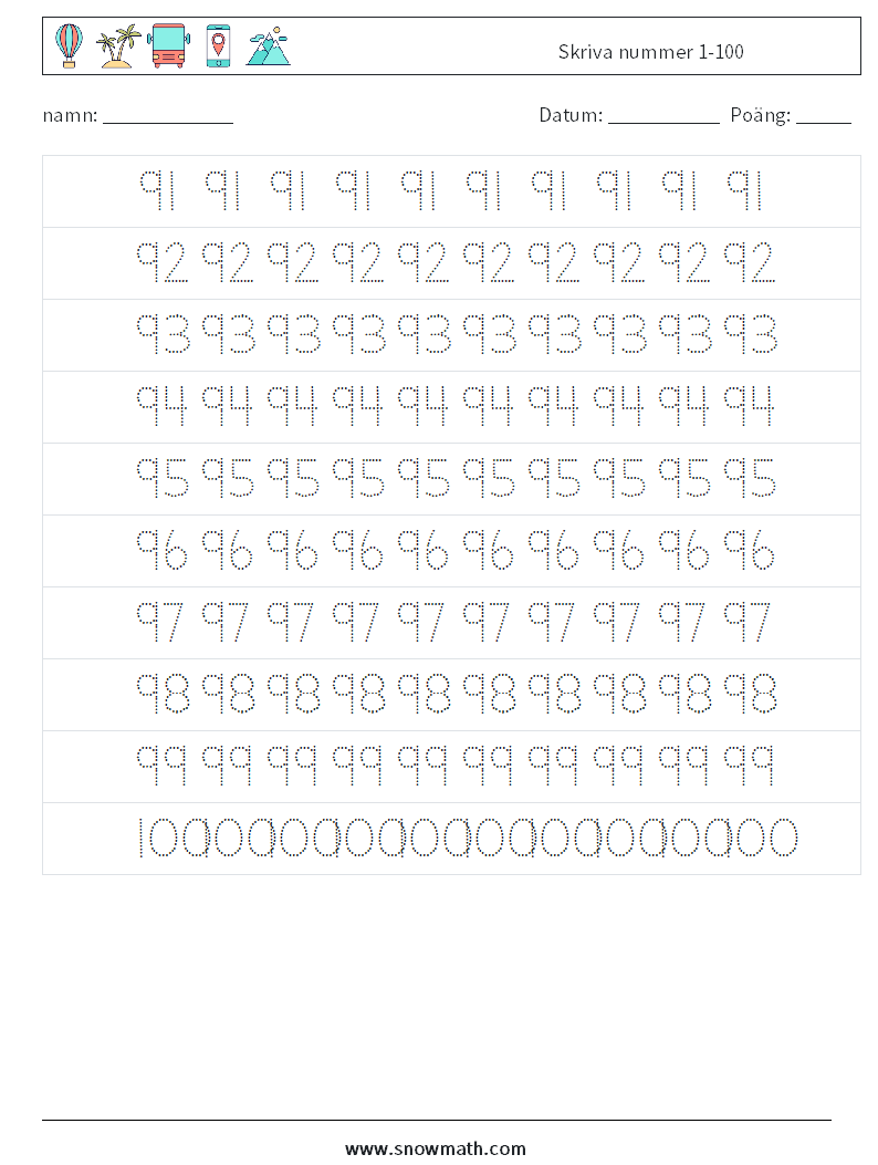 Skriva nummer 1-100 Matematiska arbetsblad 19