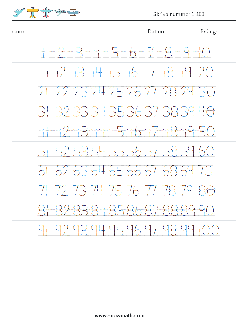 Skriva nummer 1-100 Matematiska arbetsblad 2