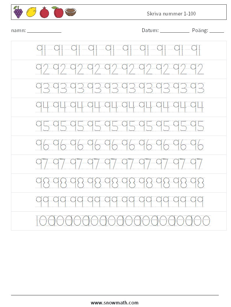 Skriva nummer 1-100 Matematiska arbetsblad 20