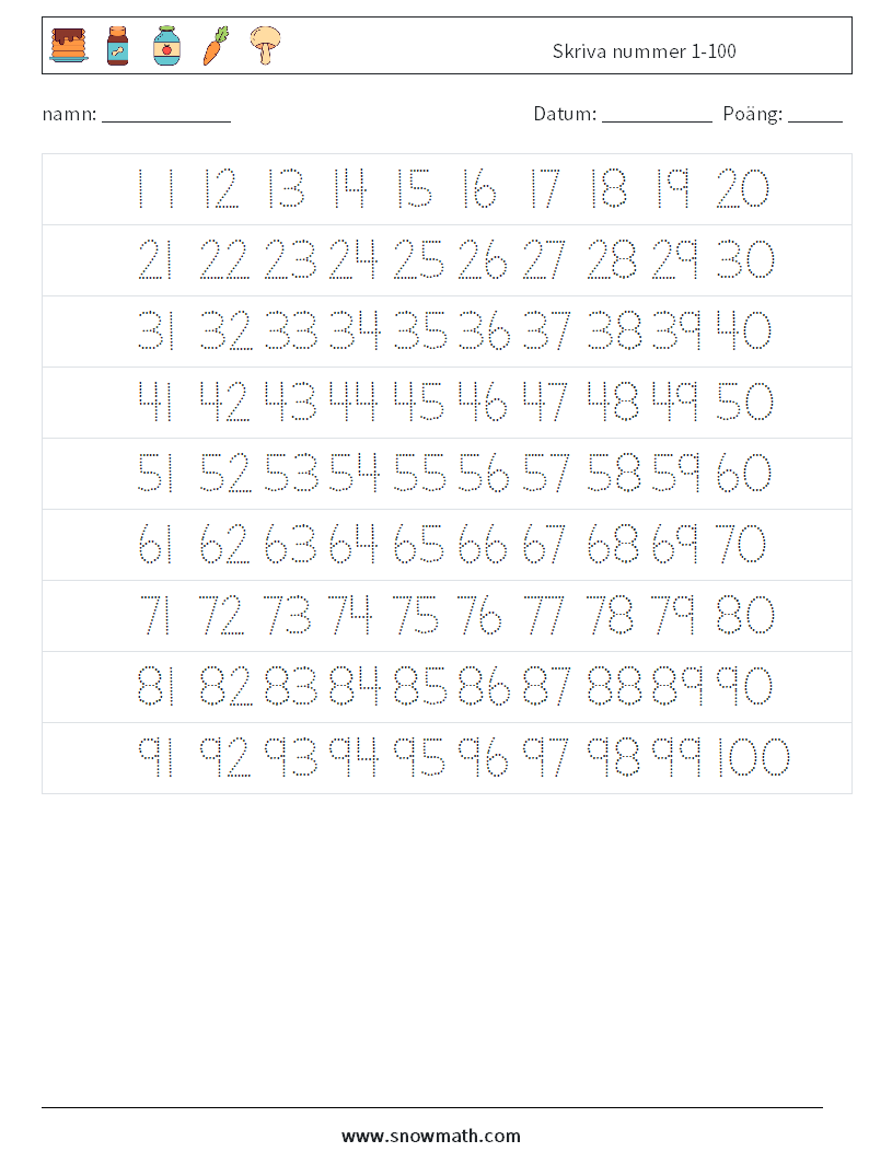 Skriva nummer 1-100 Matematiska arbetsblad 21