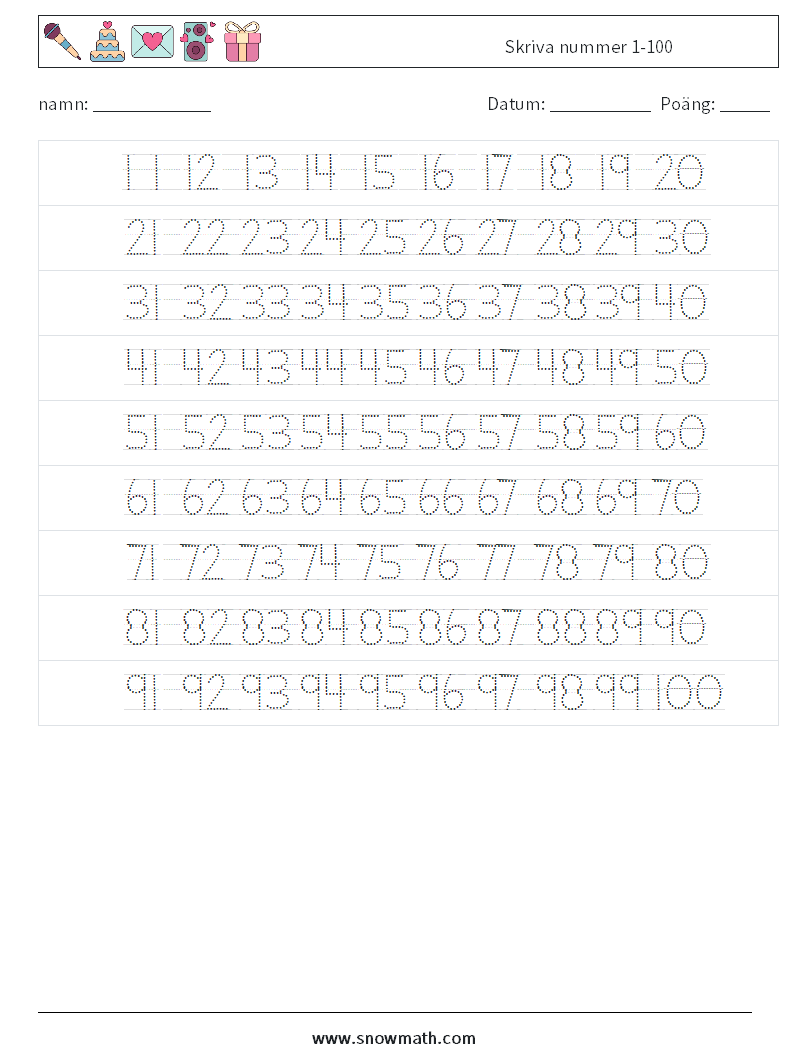 Skriva nummer 1-100 Matematiska arbetsblad 22