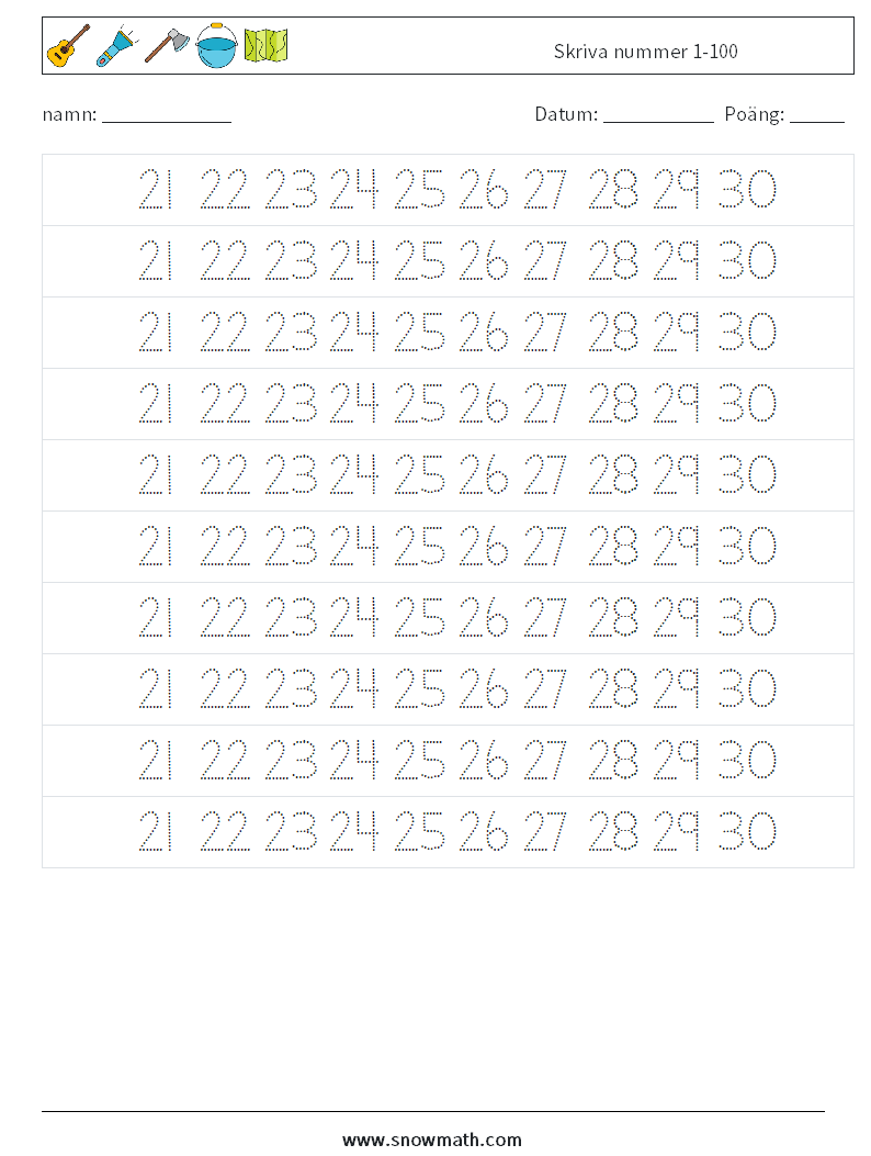 Skriva nummer 1-100 Matematiska arbetsblad 25