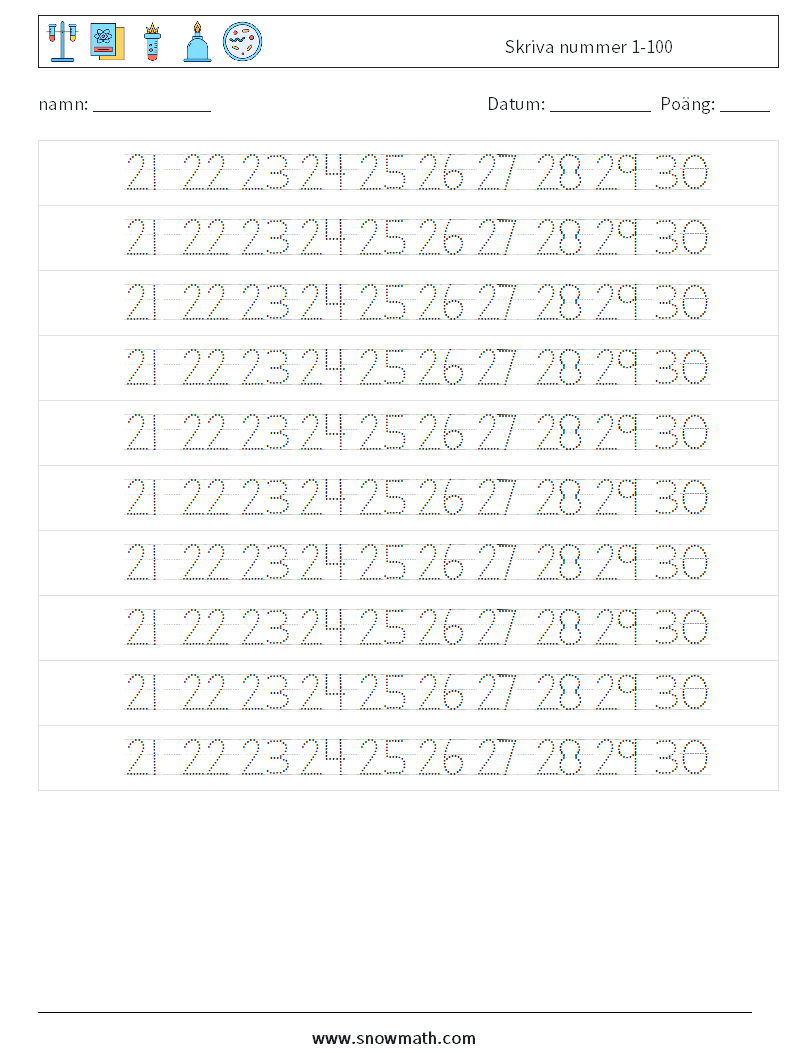 Skriva nummer 1-100 Matematiska arbetsblad 26