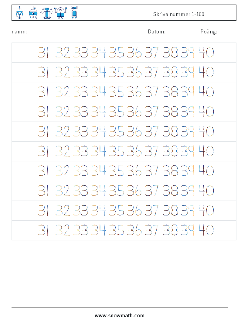 Skriva nummer 1-100 Matematiska arbetsblad 27