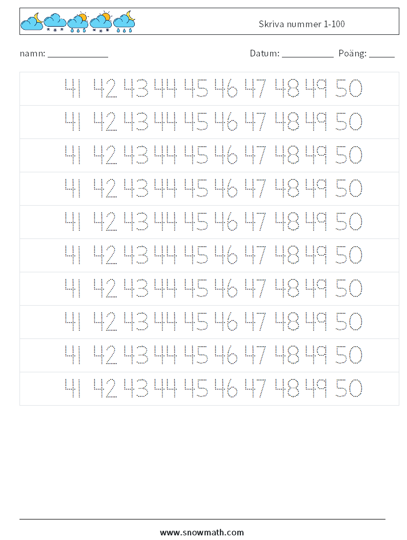 Skriva nummer 1-100 Matematiska arbetsblad 29