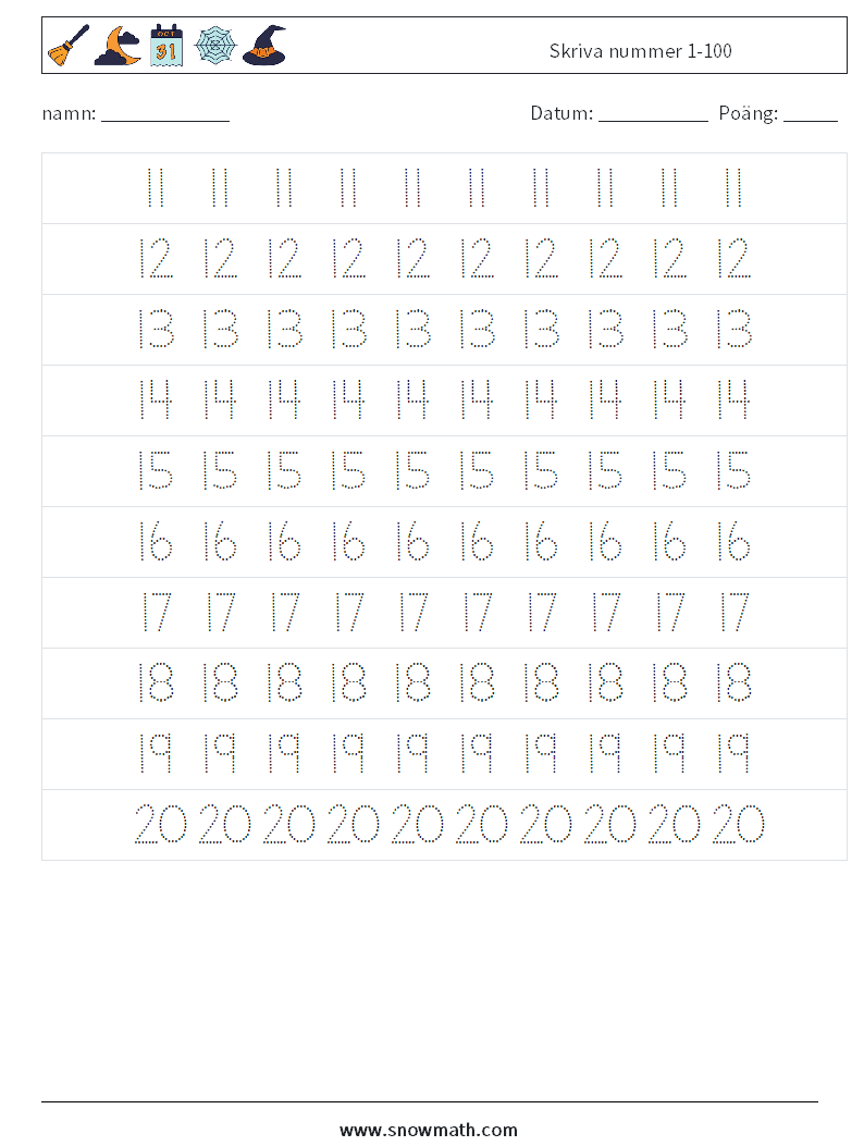 Skriva nummer 1-100 Matematiska arbetsblad 3