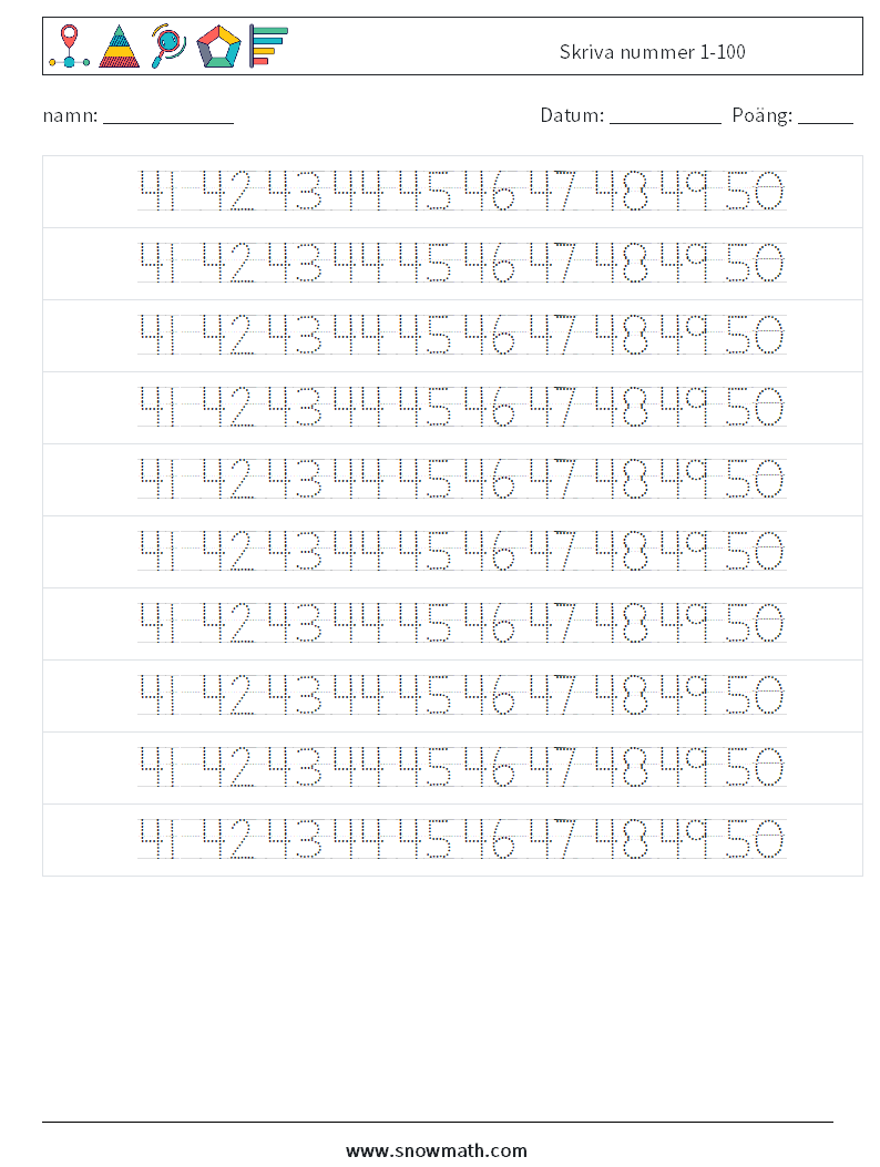 Skriva nummer 1-100 Matematiska arbetsblad 30