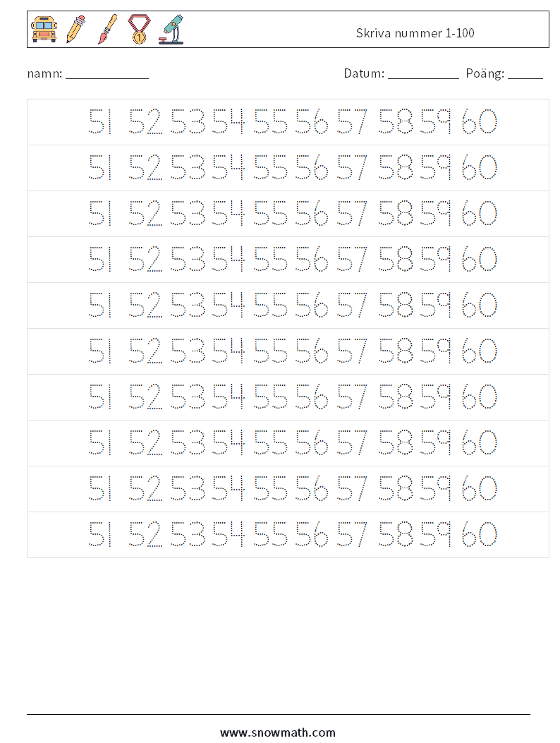 Skriva nummer 1-100 Matematiska arbetsblad 31