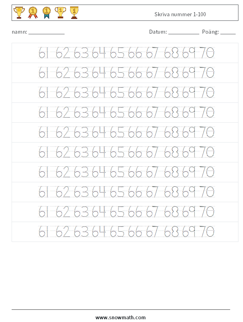 Skriva nummer 1-100 Matematiska arbetsblad 34