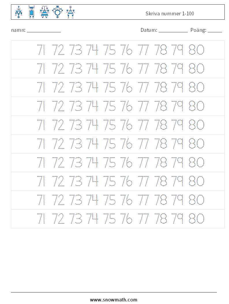 Skriva nummer 1-100 Matematiska arbetsblad 35