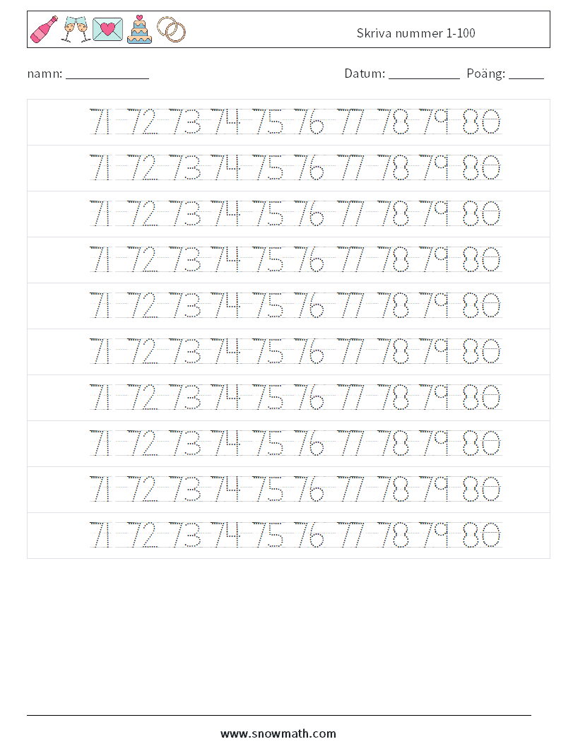 Skriva nummer 1-100 Matematiska arbetsblad 36