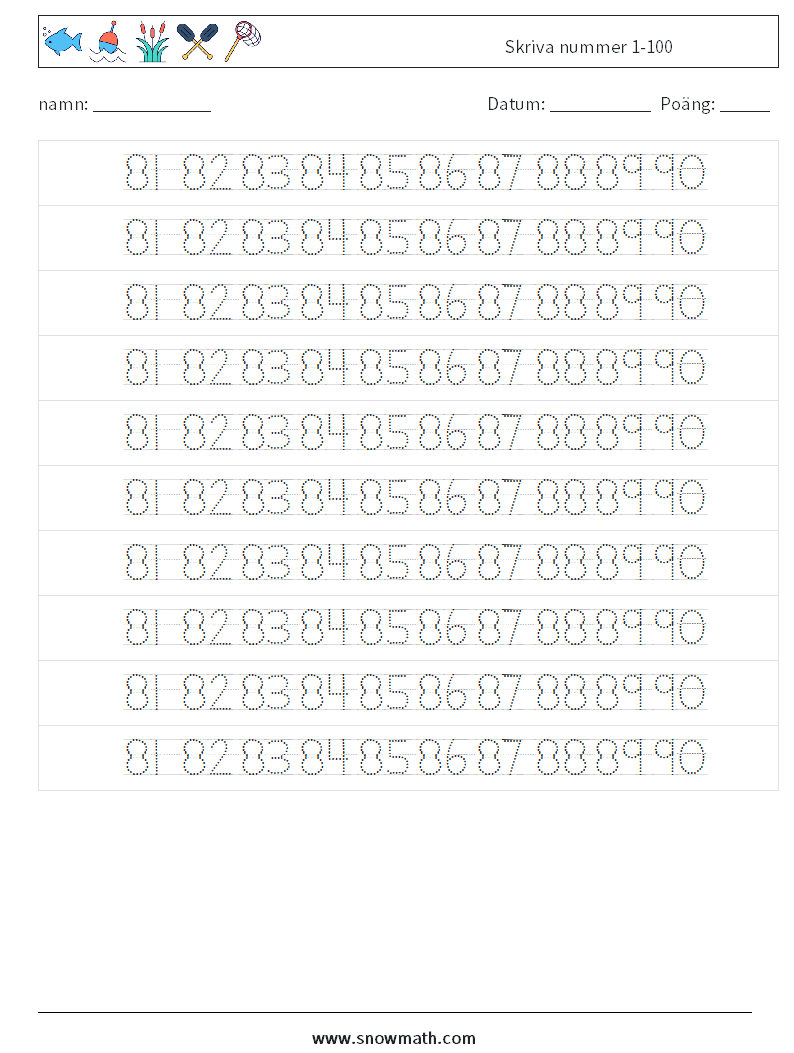 Skriva nummer 1-100 Matematiska arbetsblad 38