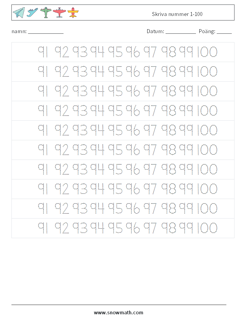 Skriva nummer 1-100 Matematiska arbetsblad 39