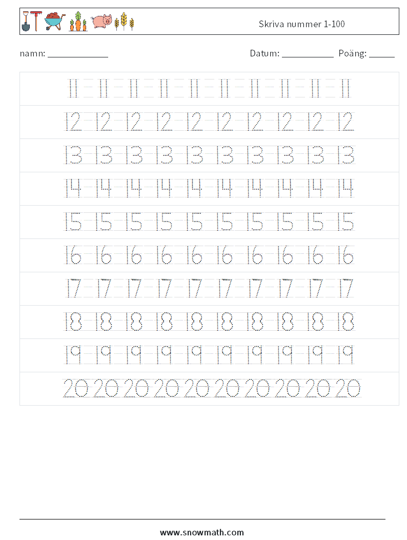 Skriva nummer 1-100 Matematiska arbetsblad 4