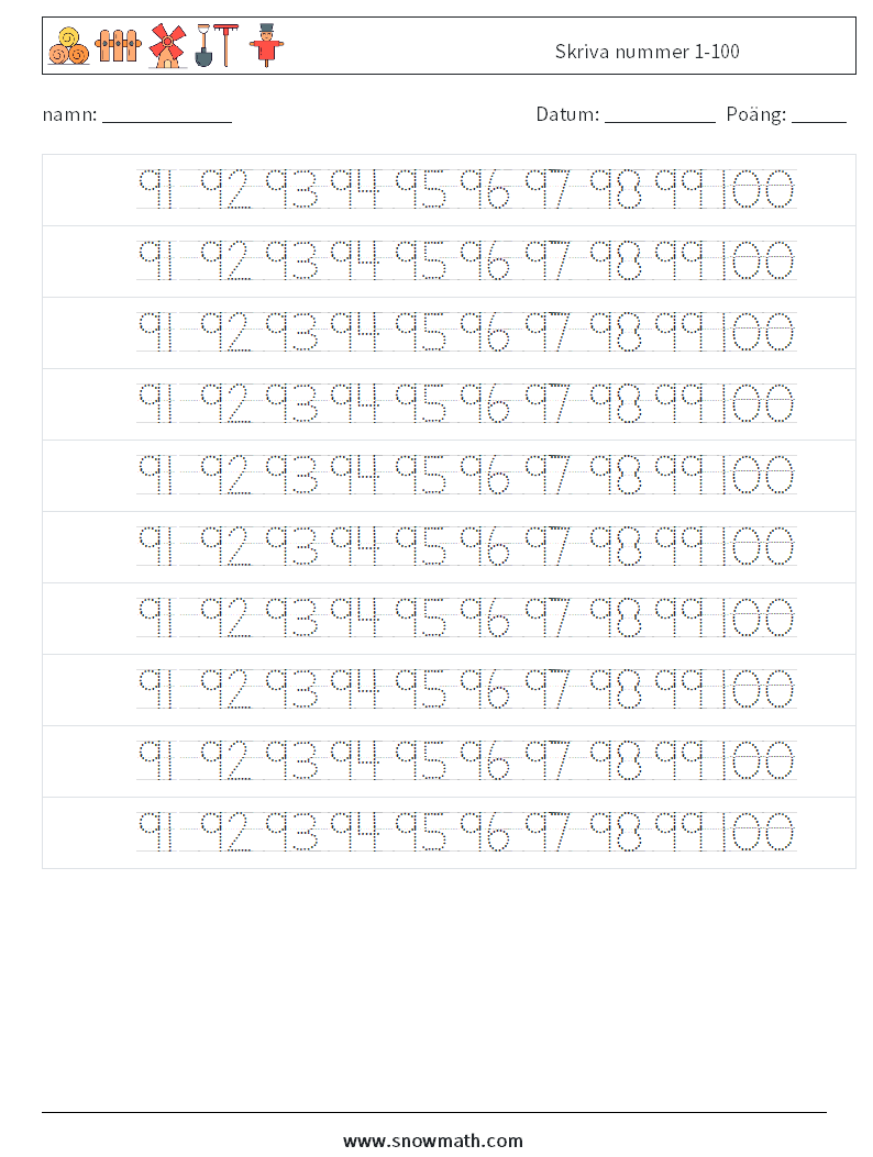 Skriva nummer 1-100 Matematiska arbetsblad 40