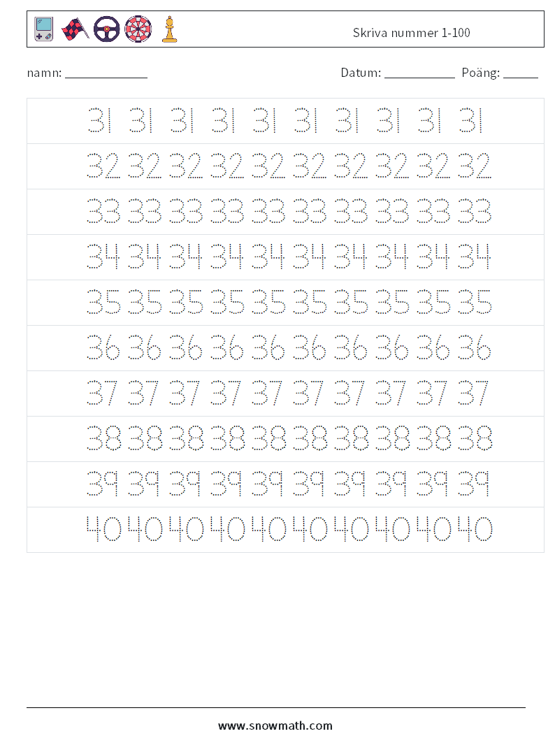 Skriva nummer 1-100 Matematiska arbetsblad 7