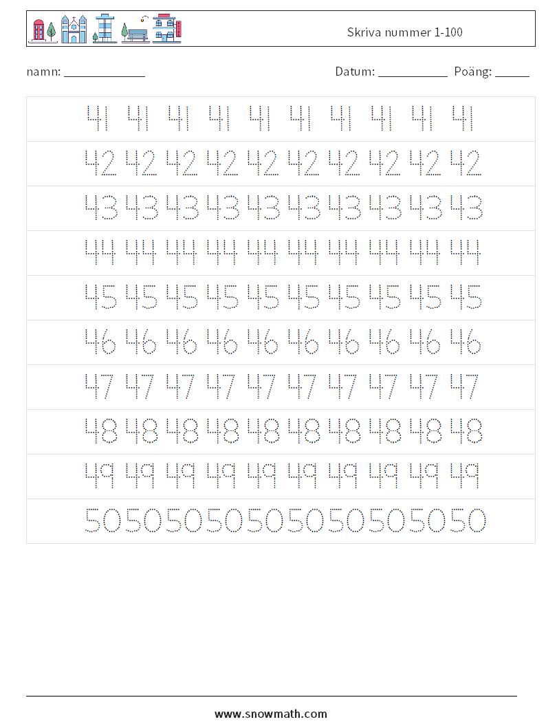 Skriva nummer 1-100 Matematiska arbetsblad 9