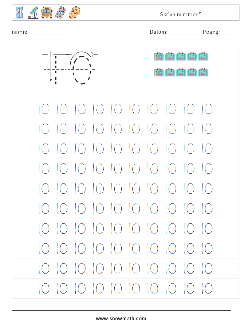 Skriva nummer 5 Matematiska arbetsblad 1