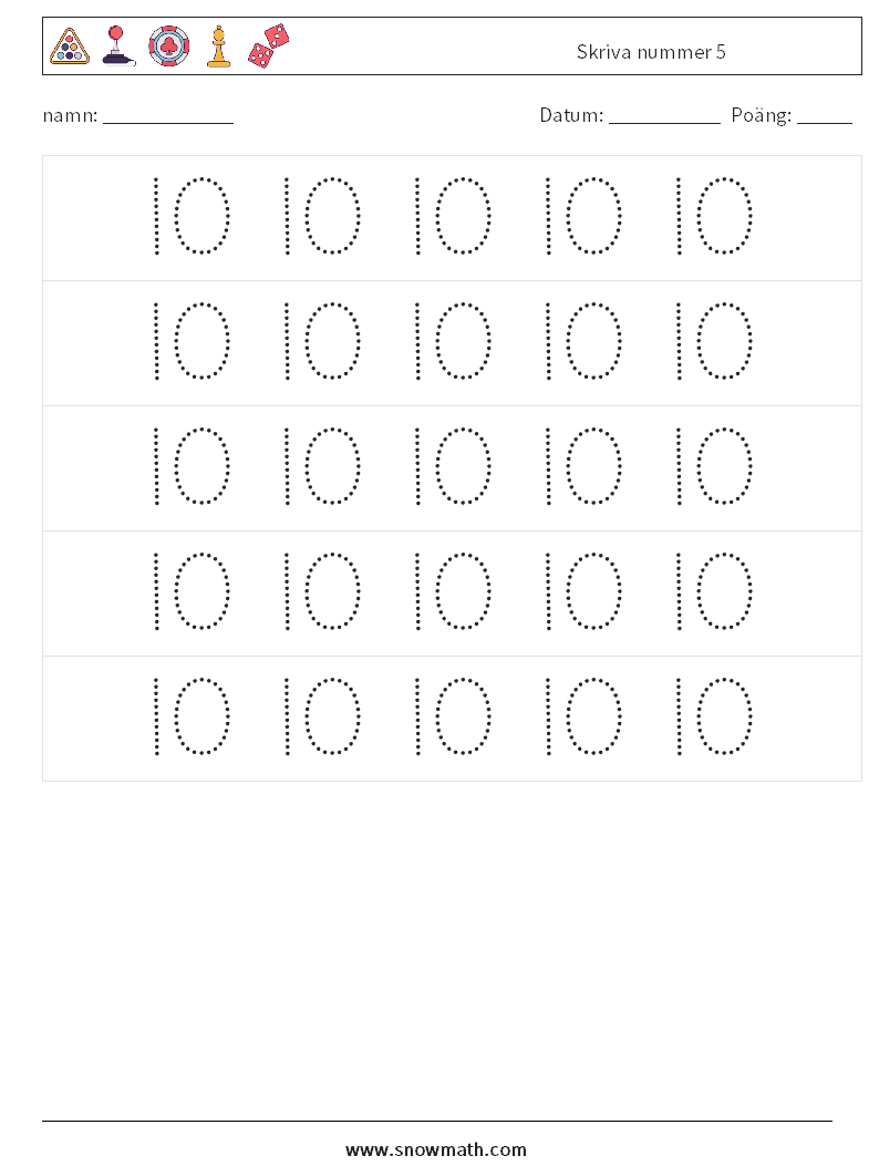 Skriva nummer 5 Matematiska arbetsblad 10