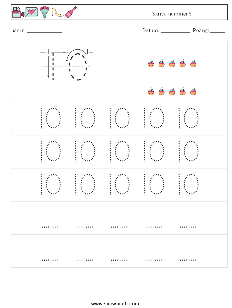 Skriva nummer 5 Matematiska arbetsblad 11