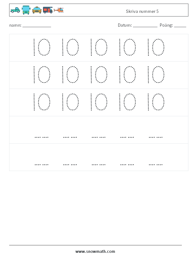 Skriva nummer 5 Matematiska arbetsblad 12