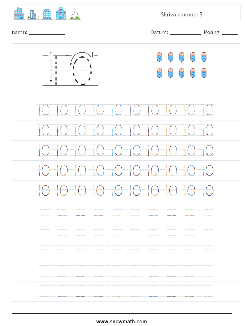 Skriva nummer 5 Matematiska arbetsblad 15