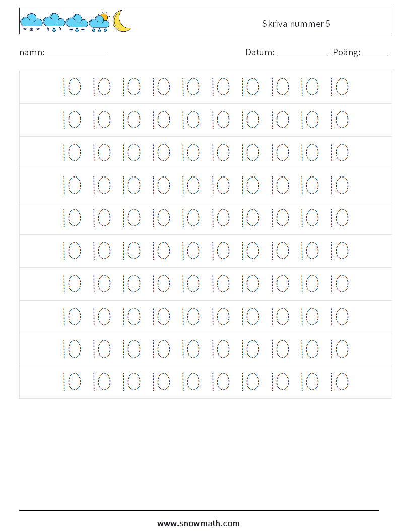 Skriva nummer 5 Matematiska arbetsblad 2