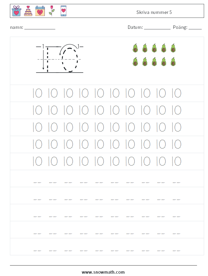 Skriva nummer 5 Matematiska arbetsblad 3