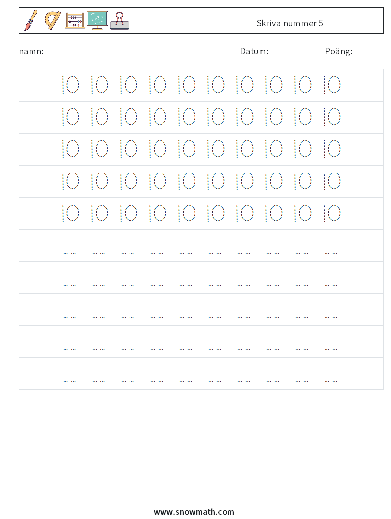 Skriva nummer 5 Matematiska arbetsblad 4