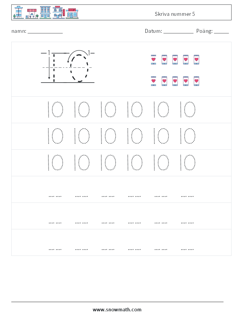 Skriva nummer 5 Matematiska arbetsblad 7