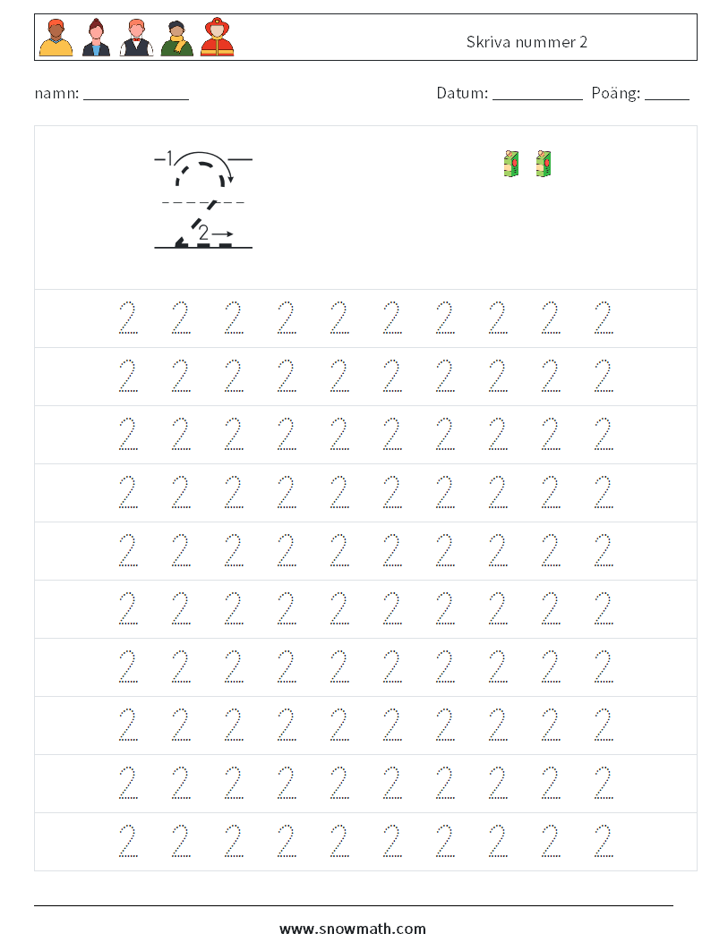 Skriva nummer 2 Matematiska arbetsblad 1