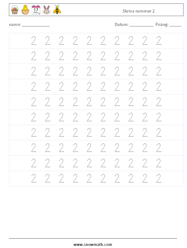 Skriva nummer 2 Matematiska arbetsblad 2