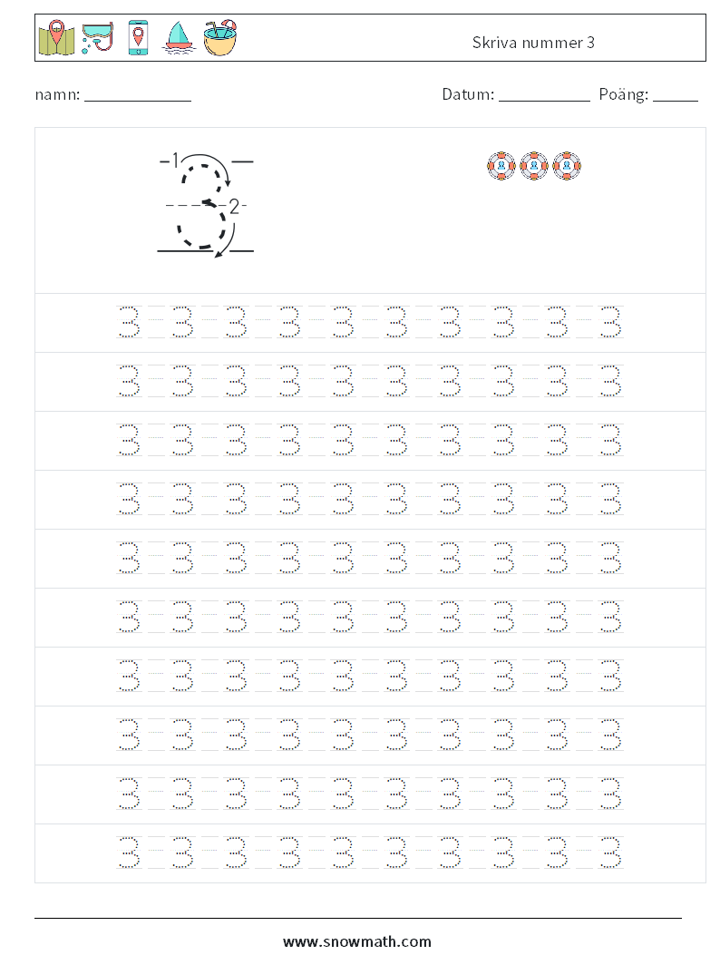 Skriva nummer 3 Matematiska arbetsblad 13