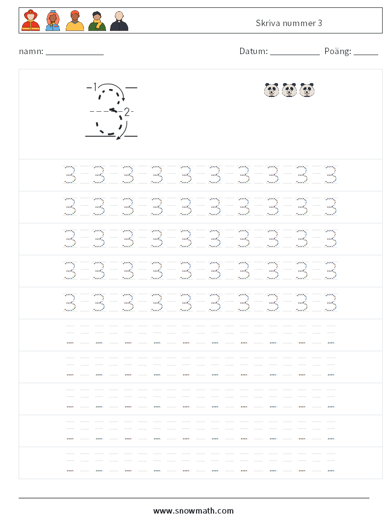 Skriva nummer 3 Matematiska arbetsblad 15